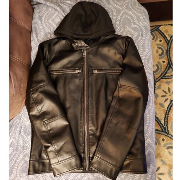 Men's Faux Leather Motorcycle Jacket With Detachable Hood Black Size Large